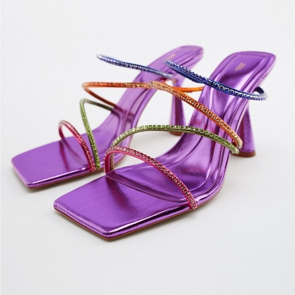 NWT. Zara Purple Heeled Sandals with Rhinestones Straps. Size 8. - Picture 2 of 8